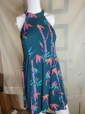 Kimchi Blue Teal Floral Halter Swing Dress with Pink and Turquoise Blooms